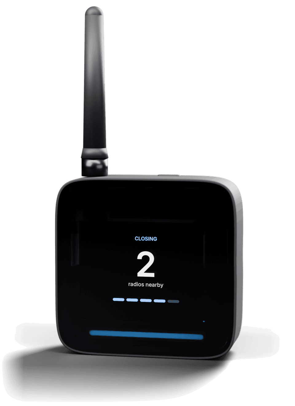 Rozzr Base: a square black-glass device with a screen reading 'Closing, 2 radios nearby'
