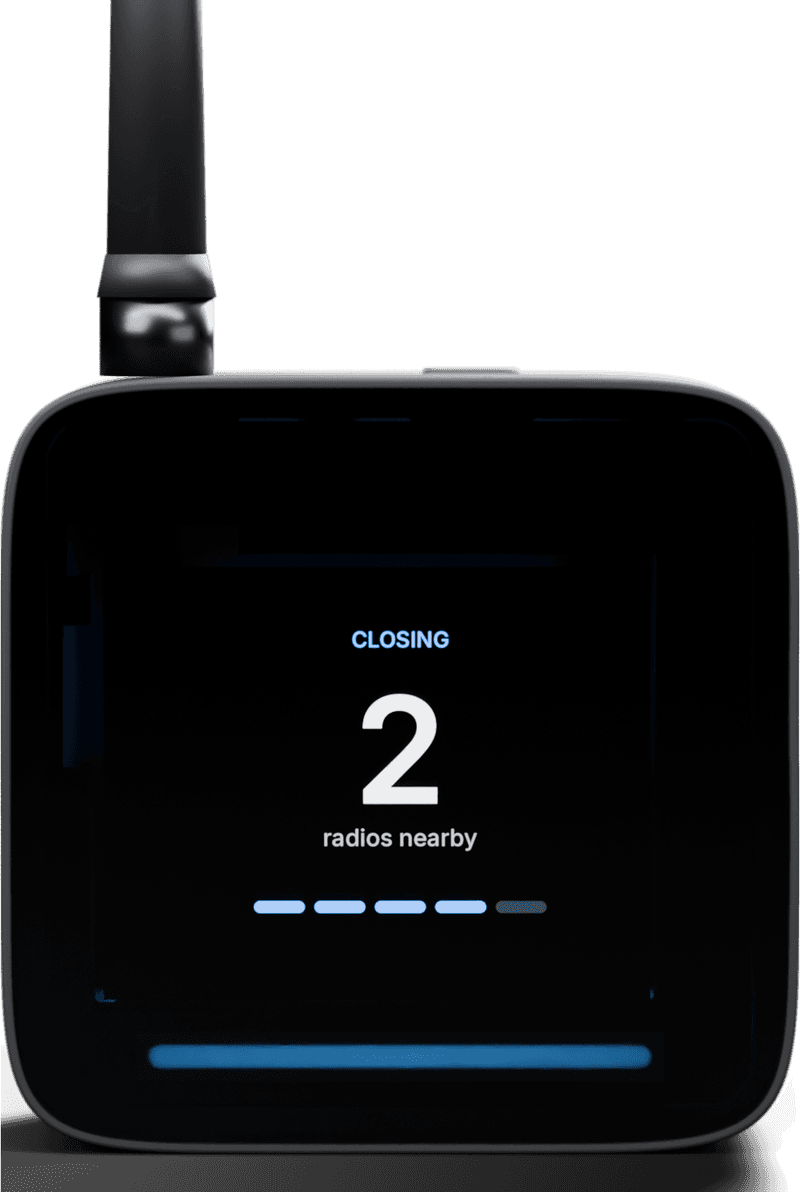 A Rozzr Base screen reading 'Closing, 2 radios nearby' with four of five strength bars lit